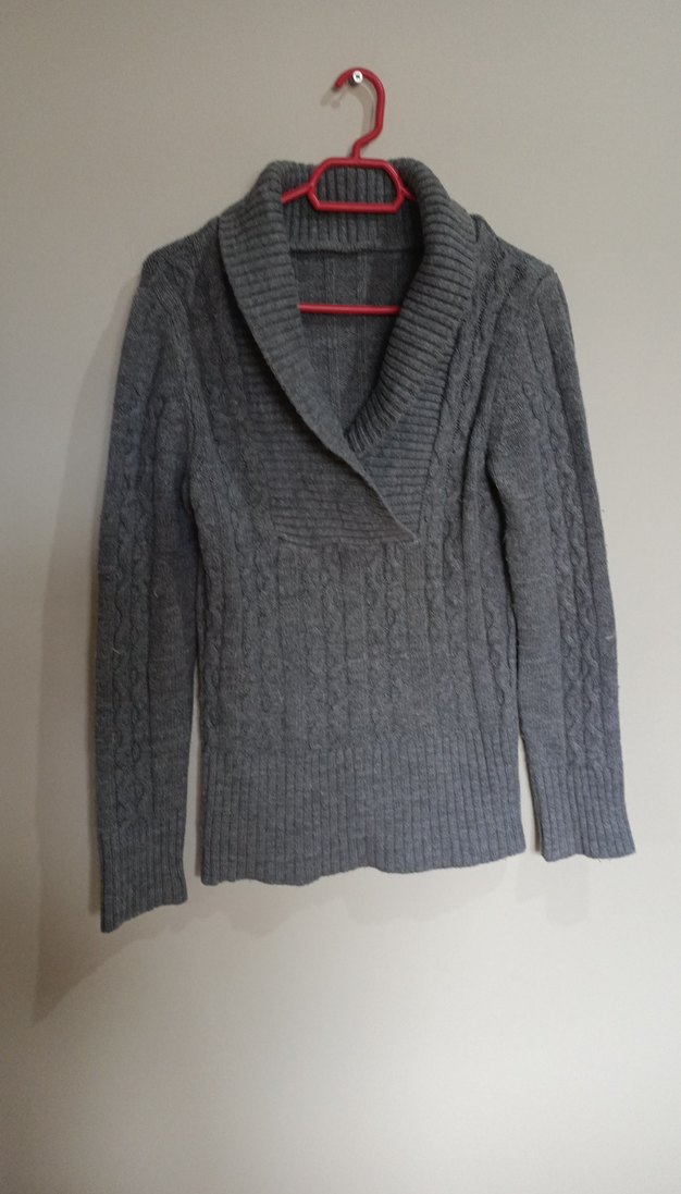 Gri Örgü Yaka Detaylı Kadın Kazak - Görsel 2