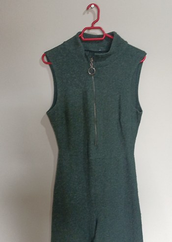 Kadın Gri Yeşil Yüksek Yakalı Fermuarlı Tulum - Görsel 4