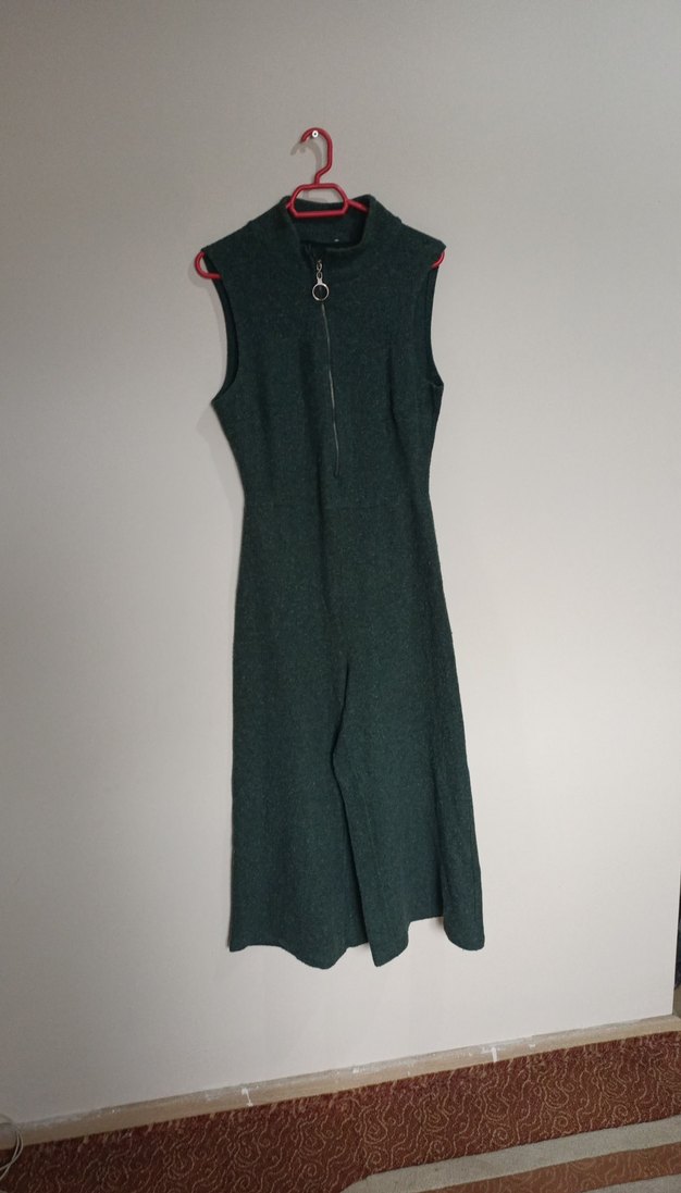 Kadın Gri Yeşil Yüksek Yakalı Fermuarlı Tulum - Görsel 2