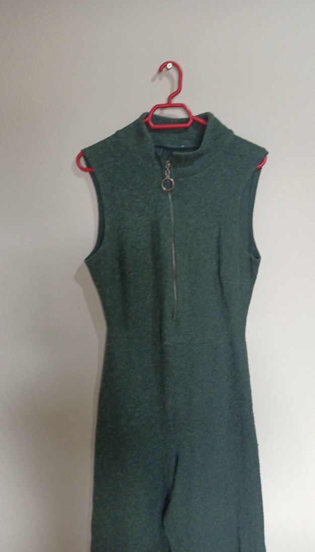 Kadın Gri Yeşil Yüksek Yakalı Fermuarlı Tulum - Görsel 4