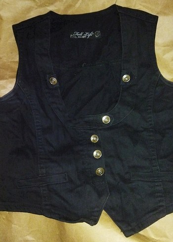 Düğmeli Siyah Denim Kadın Yelek