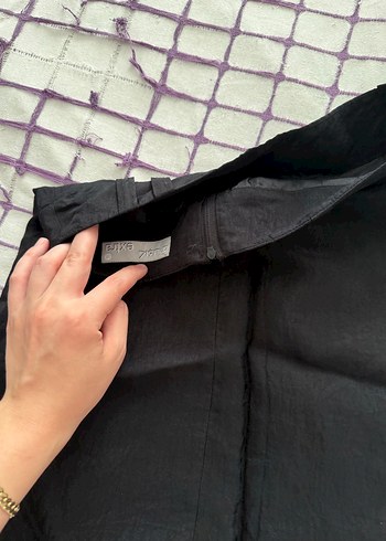 2K Düğmeli Siyah Keten Midi Etek