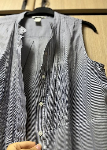 H&M Düğmeli Gri Kolsuz Keten Kadın Gömlek