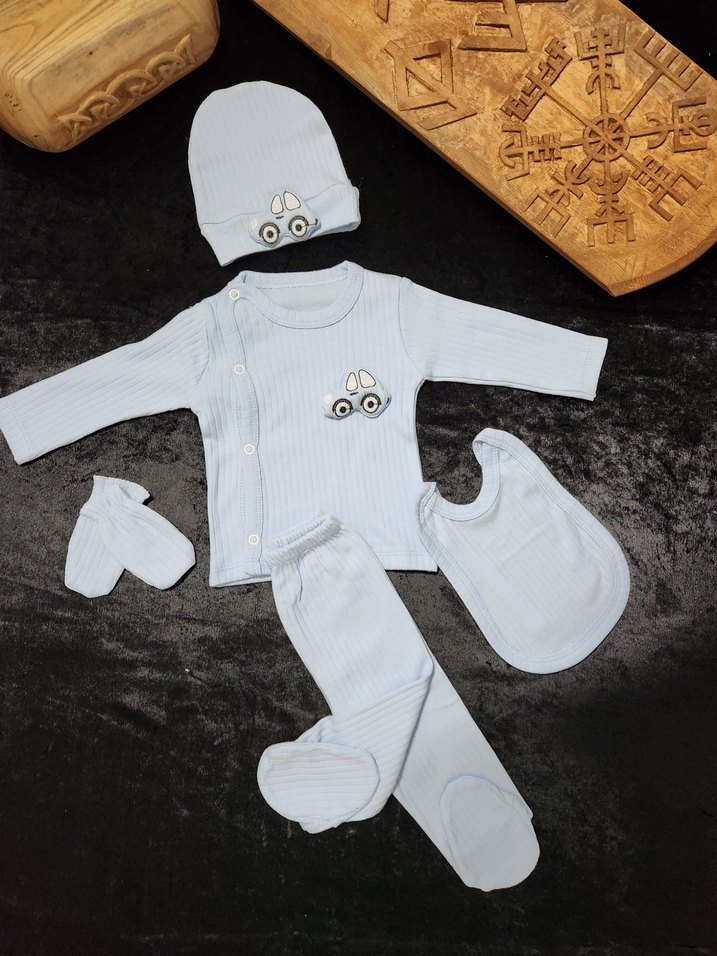 Mavi yenidoğan Bebek 5li  Hastane Seti Araç Nakışlı - Görsel 5