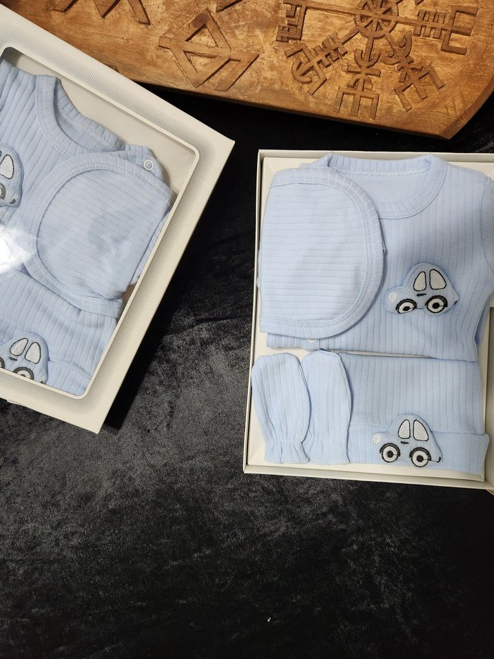 Mavi yenidoğan Bebek 5li  Hastane Seti Araç Nakışlı - Görsel 3