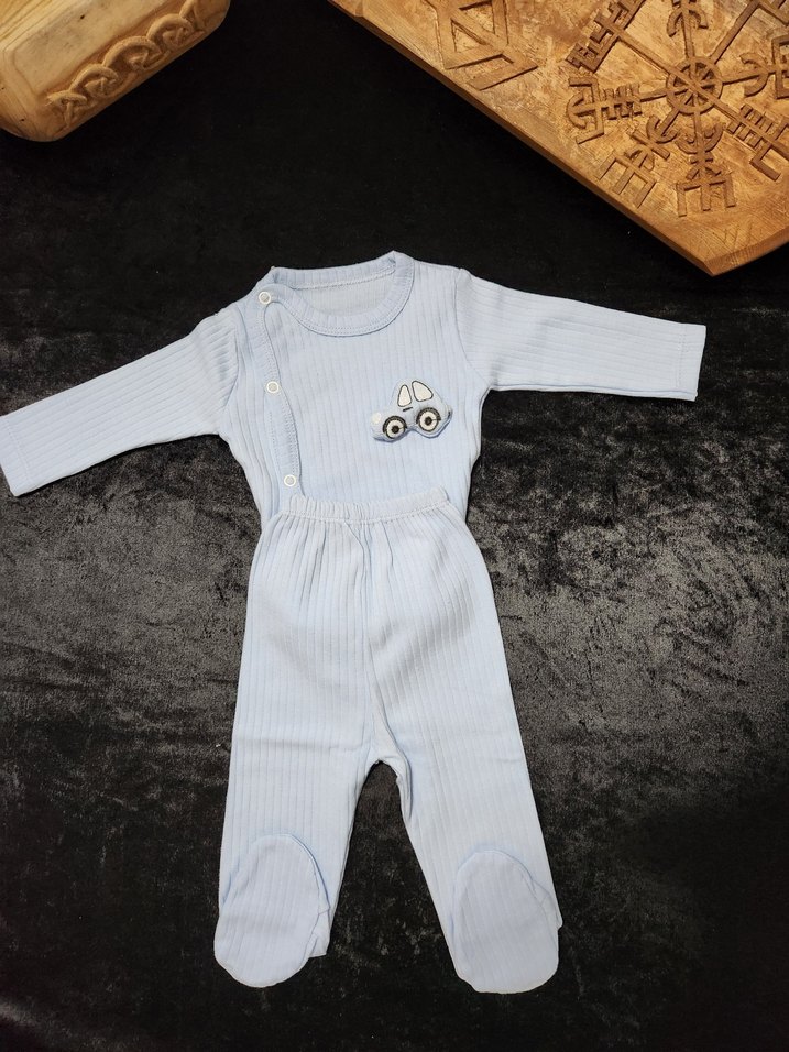 Mavi yenidoğan Bebek 5li  Hastane Seti Araç Nakışlı - Görsel 4