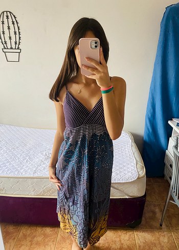 38 Beden Bohem V Yaka Askılı Midi Elbise