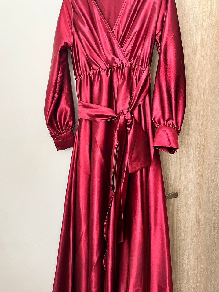 Bordo Uzun Saten Elbise - Görsel 2