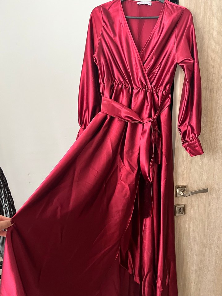 Bordo Uzun Saten Elbise - Görsel 3