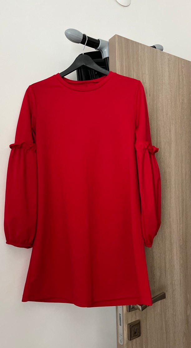 Kırmızı Uzun Kollu Fırfırlı Midi Tunik - Görsel 2