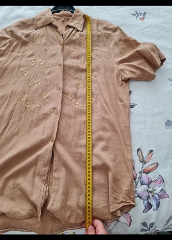 l Beden camel Renk Bej Nakışlı Kısa Kollu Keten Gömlek