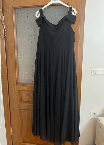 Siyah Uzun Kayık Yaka Drapeli Abiye Elbise - Görsel 2