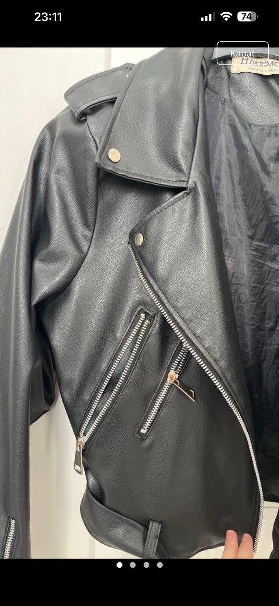 Kemerli Siyah Kısa Biker Deri Ceket - Görsel 2