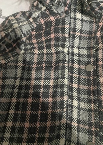 Gri Ekose Desenli Kapüşonlu Kadın Ceket - Görsel 3