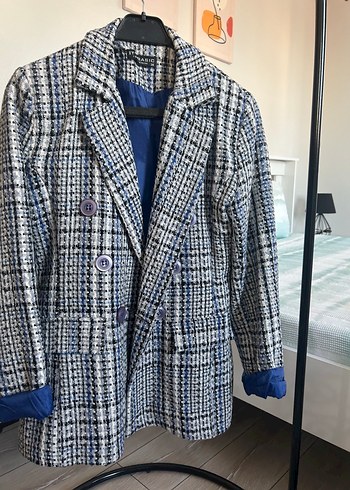 Düğmeli Mavi Gri Ekose Kadın Blazer