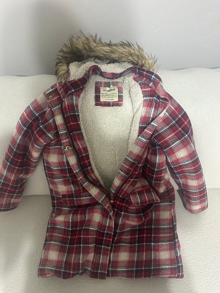 Kız Çocuk Bordo Ekoseli Kürklü Kaban - Görsel 3