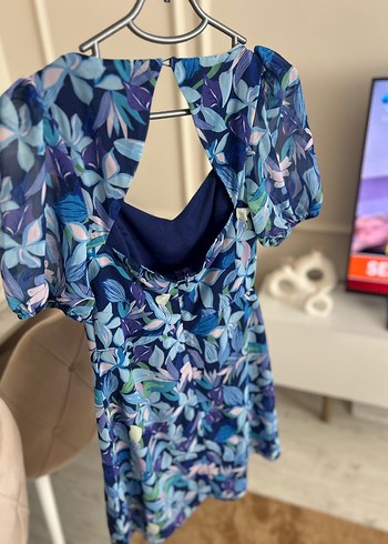 Trendyol & Milla Mavi Bohem Mini Elbise V Yaka Kısa Kollu