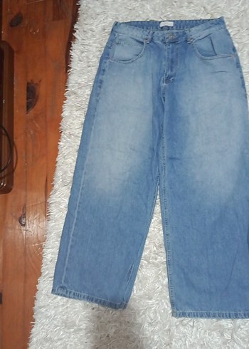 Kadın Mavi Bol Kesim Midi Denim Pantolon