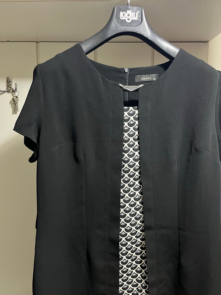 Siyah Midi Hamile Tunik, Kısa Kollu, Ofis Şıklığı - Görsel 2