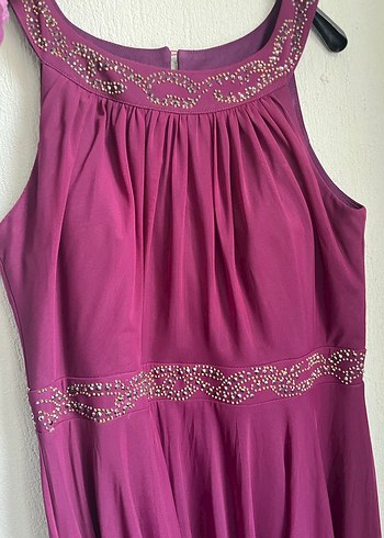 Mor Uzuhaltet yaka  Drapeli Abiye Elbise - Görsel 2