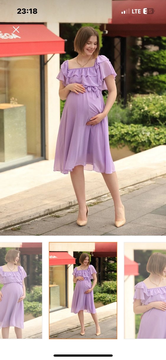 Mor Midi Hamile Elbisesi, Fırfırlı, Askılı - Görsel 2