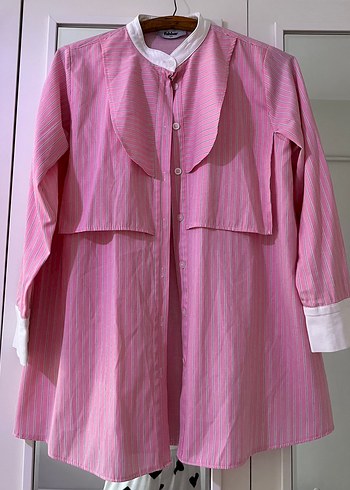 Pembe Pilili Keten Midi Gömlek