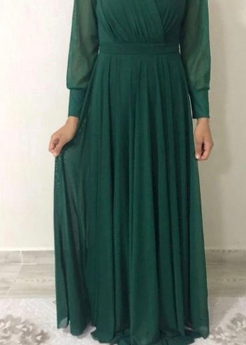 l Beden yeşil Renk Yeşil Pilili Uzun Kollu V Yaka Elbise