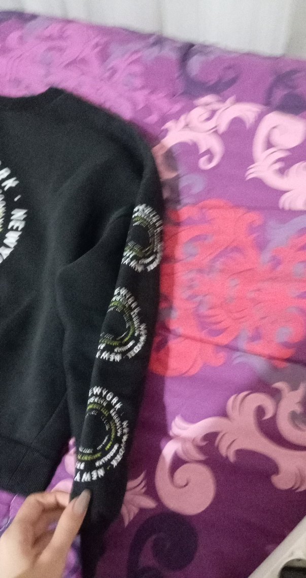 Siyah, Uzun Kollu, Baskılı Kadın Sweatshirt - Görsel 2