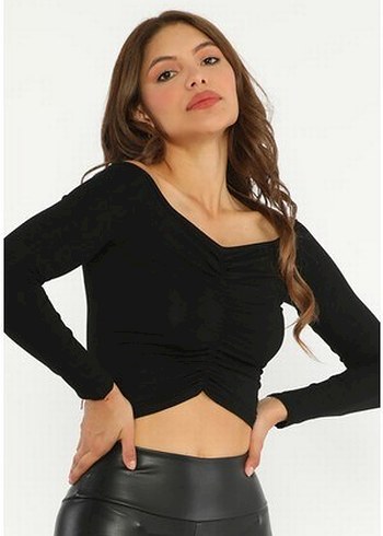 s Beden siyah Renk Siyah V Yakalı Kadın Bluz crop