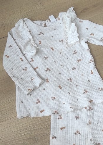 Krem kahve çiçek Desenli Dantelli Bebek Takımı - Görsel 5