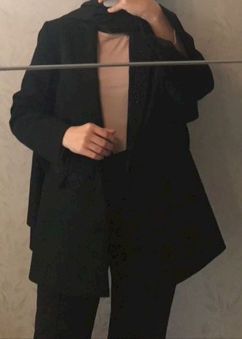 Defacto Kemerli Siyah Uzun Kadın Blazer Ceket