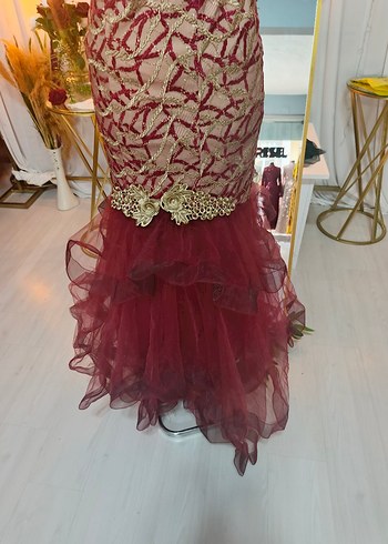 Bordo Dantelli İşlemeli Uzun Abiye Elbise - Görsel 4