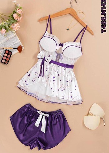 diğer Beden beyaz Renk Nakışlı Beyaz Mini Askılı Kadın Pijama Takımı. Gecelik