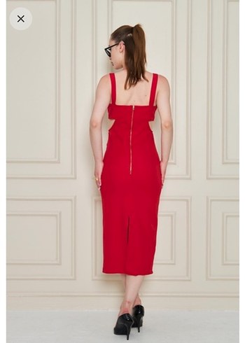 Kırmızı Uzun Kesim V Yaka Kalem Elbise - Görsel 4