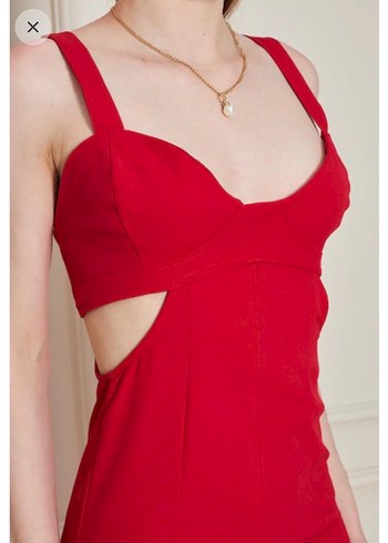 Kırmızı Uzun Kesim V Yaka Kalem Elbise - Görsel 3