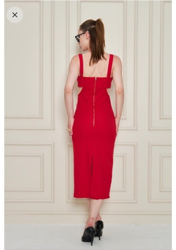 Kırmızı Uzun Kesim V Yaka Kalem Elbise - Görsel 4