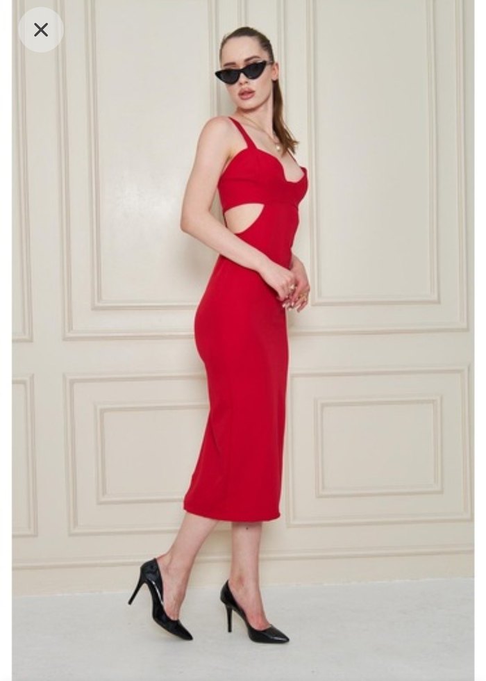 Kırmızı Uzun Kesim V Yaka Kalem Elbise - Görsel 2