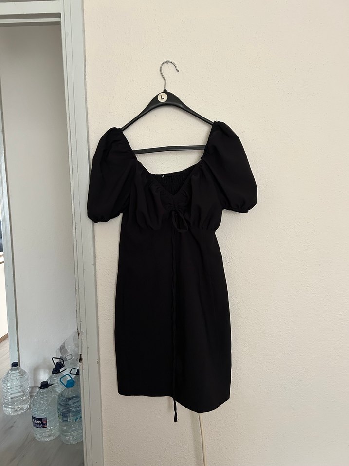 Siyah Keten Mini Drapeli Elbise - Görsel 3