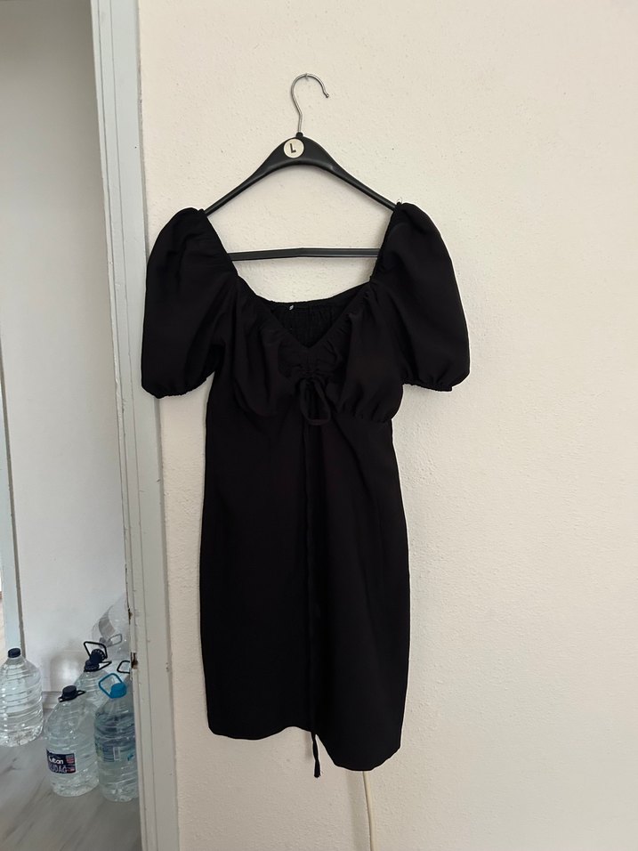 Siyah Keten Mini Drapeli Elbise - Görsel 2