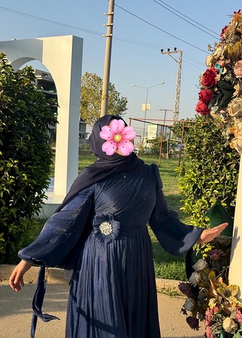 Uzun Kollu Lacivert Drapeli Abiye Elbise - Görsel 2