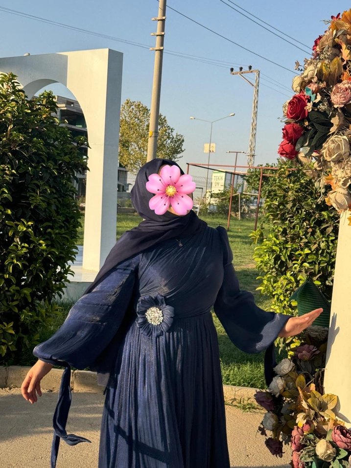 Uzun Kollu Lacivert Drapeli Abiye Elbise - Görsel 2