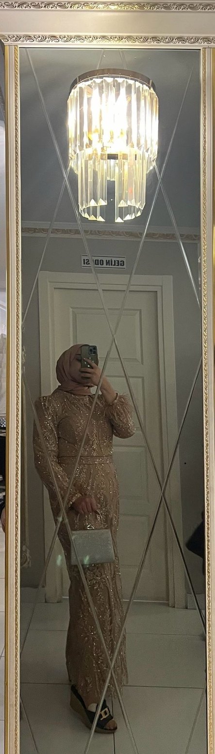 Nakışlı Bej Uzun Kollu Tesettür Elbise - Görsel 3