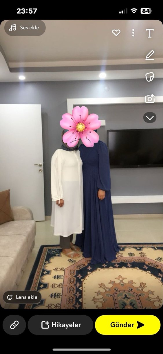 Uzun Kollu Lacivert Salaş Abiye Elbise - Görsel 2