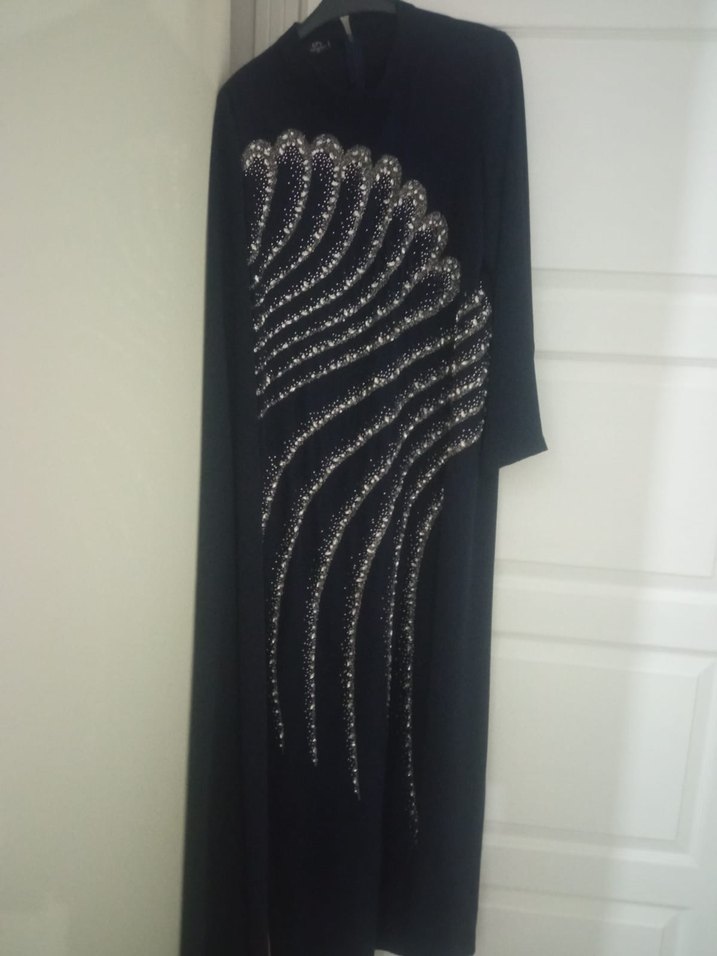 Mavi İşlemeli Uzun Kollu Abiye Elbise - Görsel 2