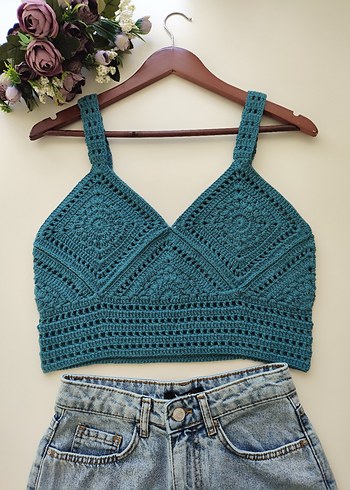 Turkuaz Dantel Detaylı Bohem V Yaka Crop Top