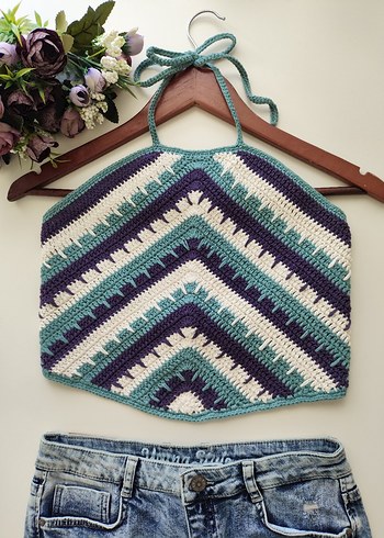 s Beden Çok Renkli Örgü Bohem Mini Crop Top