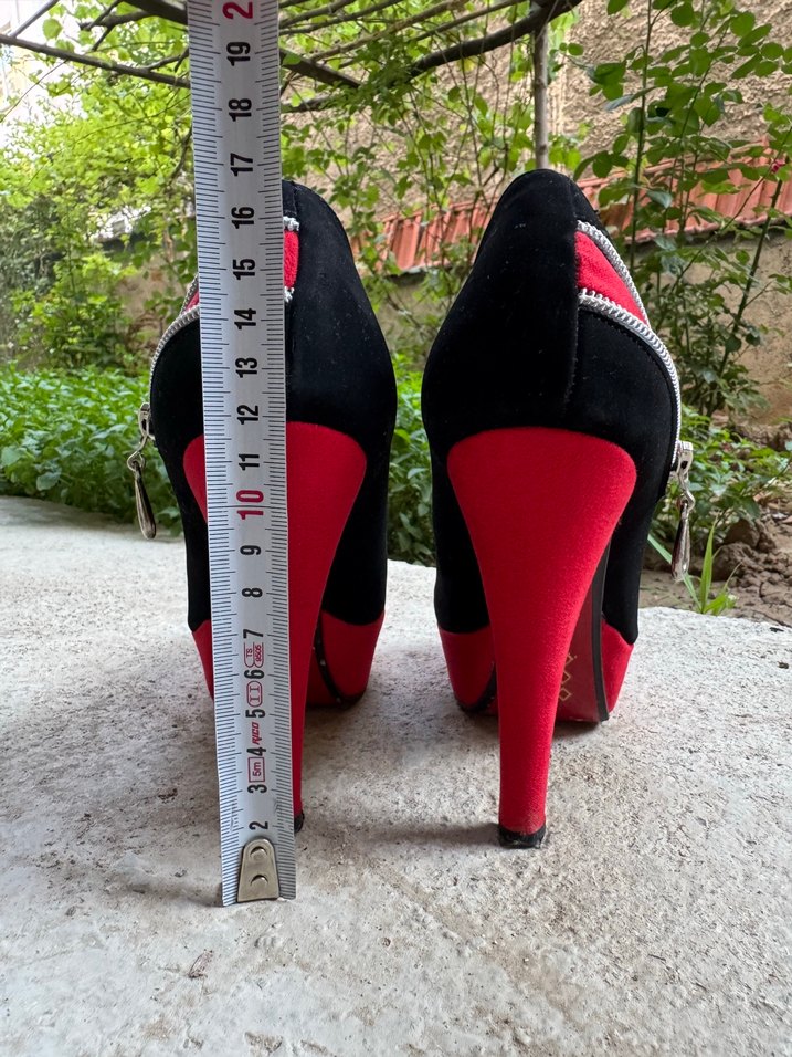 Kırmızı Siyah Fermuarlı Platform Topuklu Ayakkabı - Görsel 4