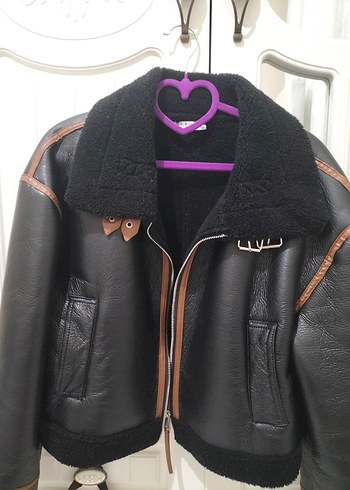 Kahverengi Kürklü Deri Kadın Biker Ceket