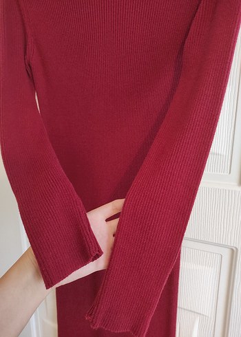 diğer Beden bordo Renk Bordo Yüksek Yakalı Uzun Kollu Triko Elbise