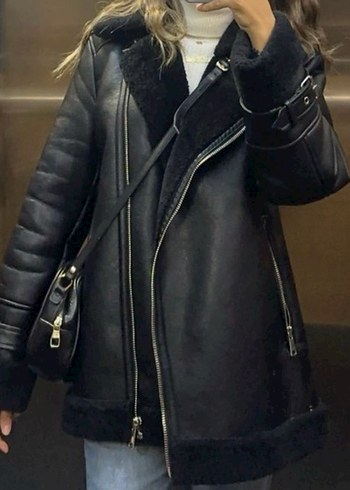 Kürk Detaylı Siyah Deri Biker Ceket - Görsel 3